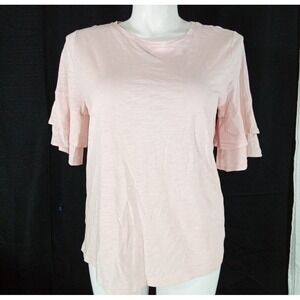 LOFT Vintage Soft Tee Shirt‎ LARGE Pink Ruffle Sleeve Scoop Neck Top